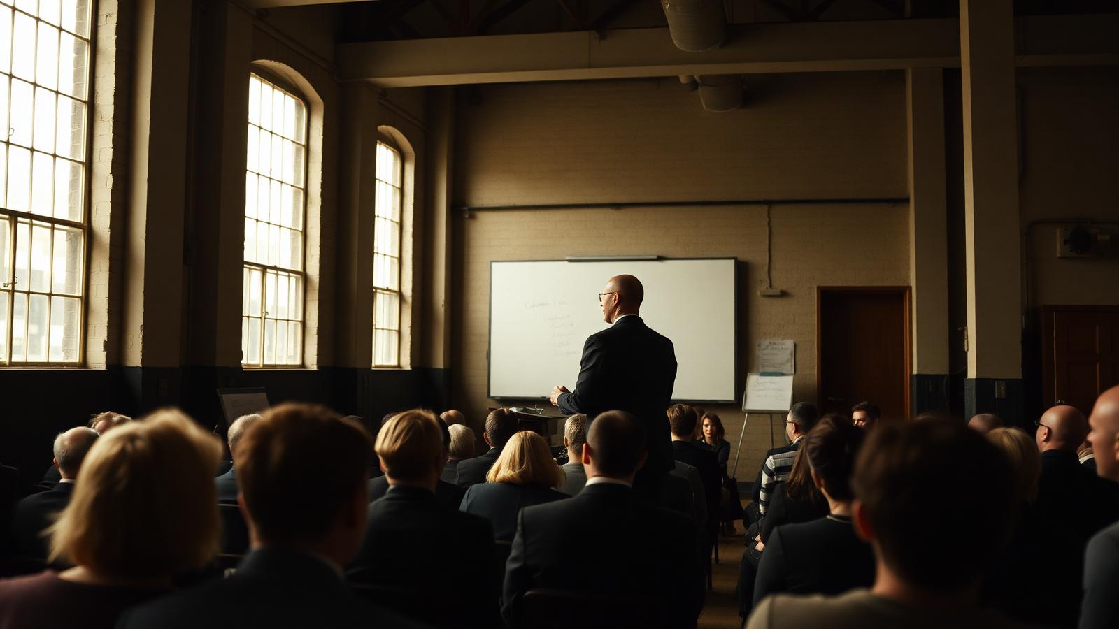 A speaker addressing an audience in a light-filled industrial hall.