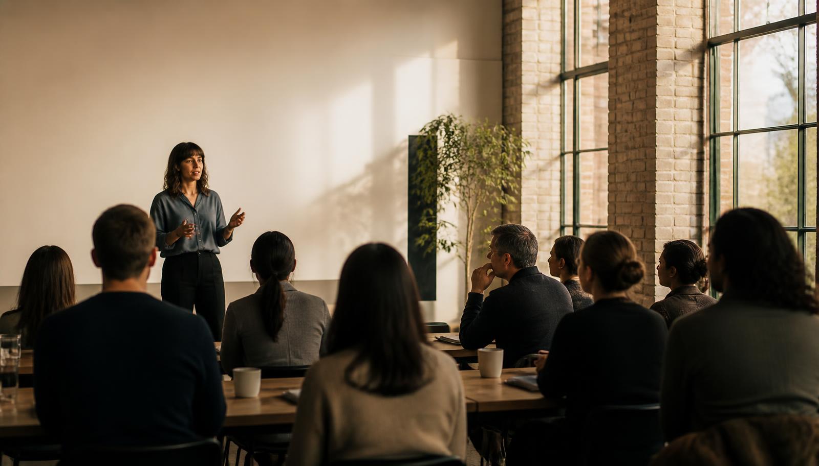 A speaker in conversation with a small seated audience in a light-filled room.