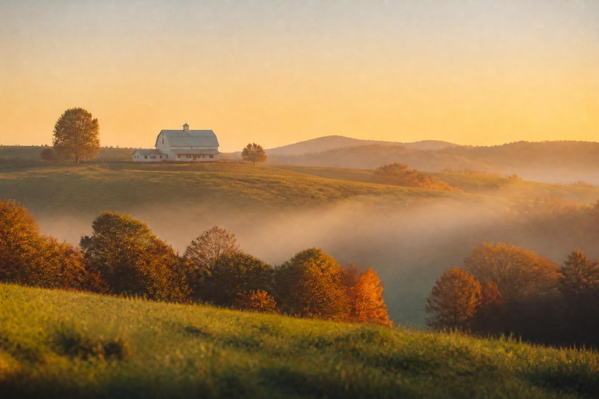 A foggy New England landscape with a distant farmhouse
